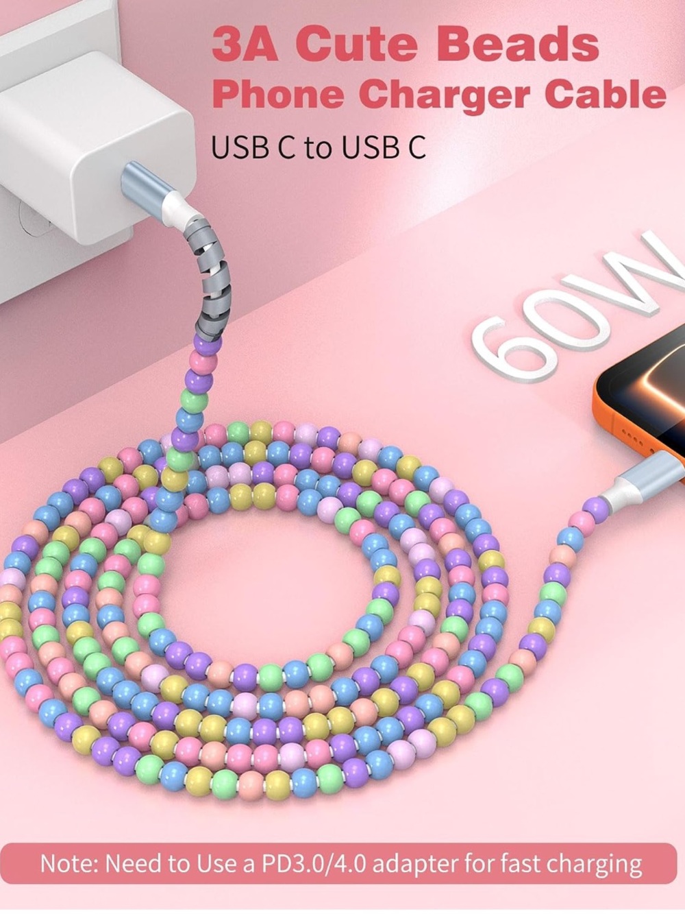 USB C to USB C Cable 1FT,60W Fast Charging Beaded Charger Cord 30CM